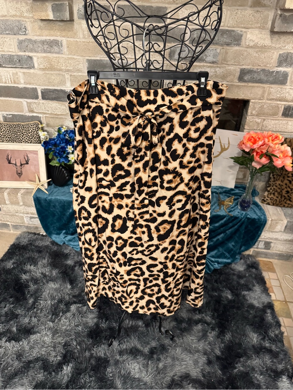 SHEIN Leopard Print Drawstring Midi Skirt - Beige & Black